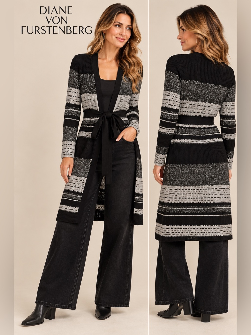 Diane von Furstenberg DVF Metallic Knit Belted Long Cardigan Black Gray NWOT